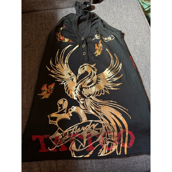 Ed Hardy Dresses & Skirts - VINTAGE Y2K ED HARDY BY CHRISTIAN AUDIGIER PHOENIX RHINESTONE HALTER DRESS SZ MD